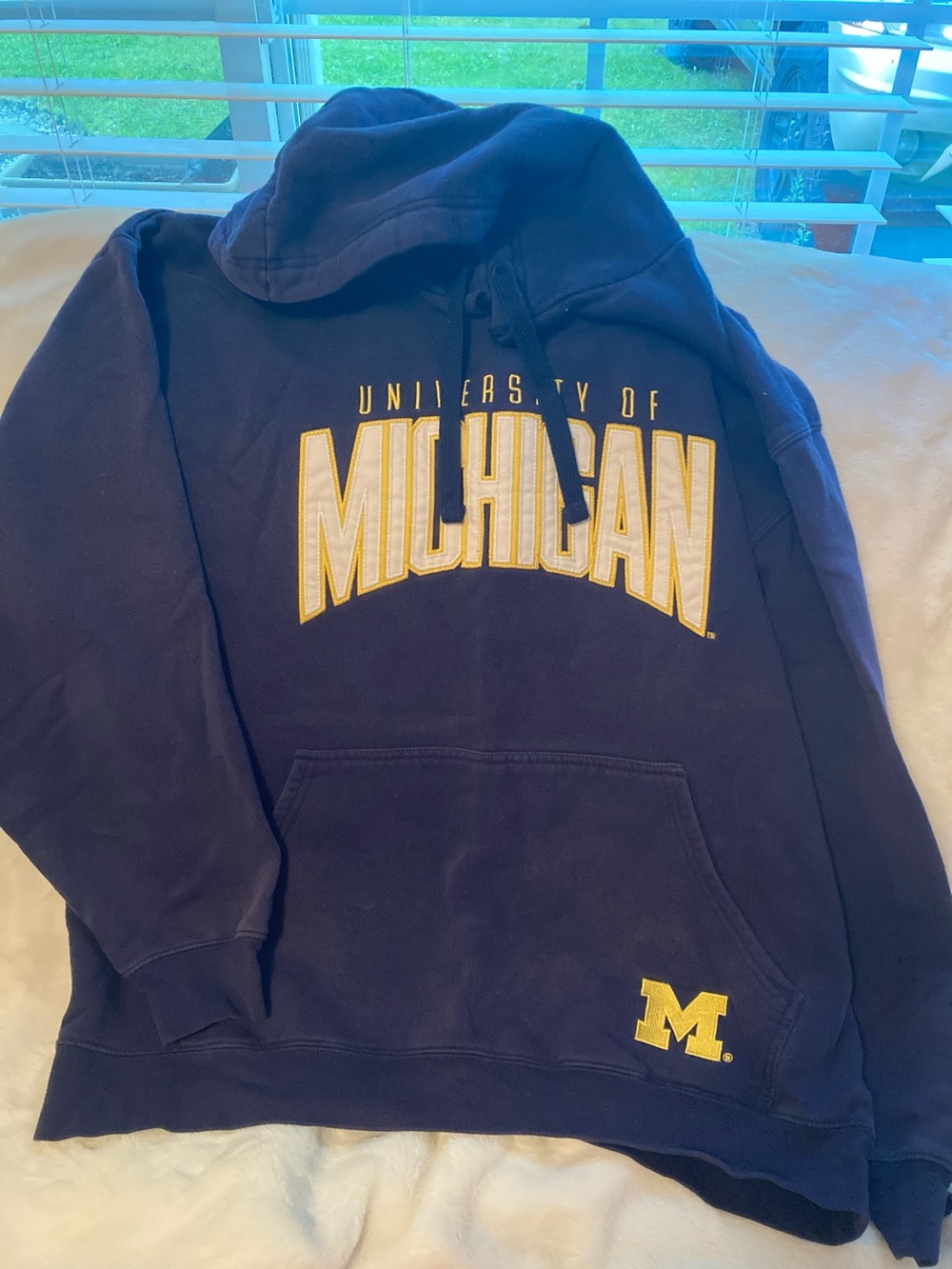 Champion Navy Hoodie with Yellow Michigan Arch Logo